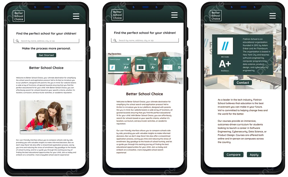 Better School Choice mobile screens: homepage, favorites and a school profile