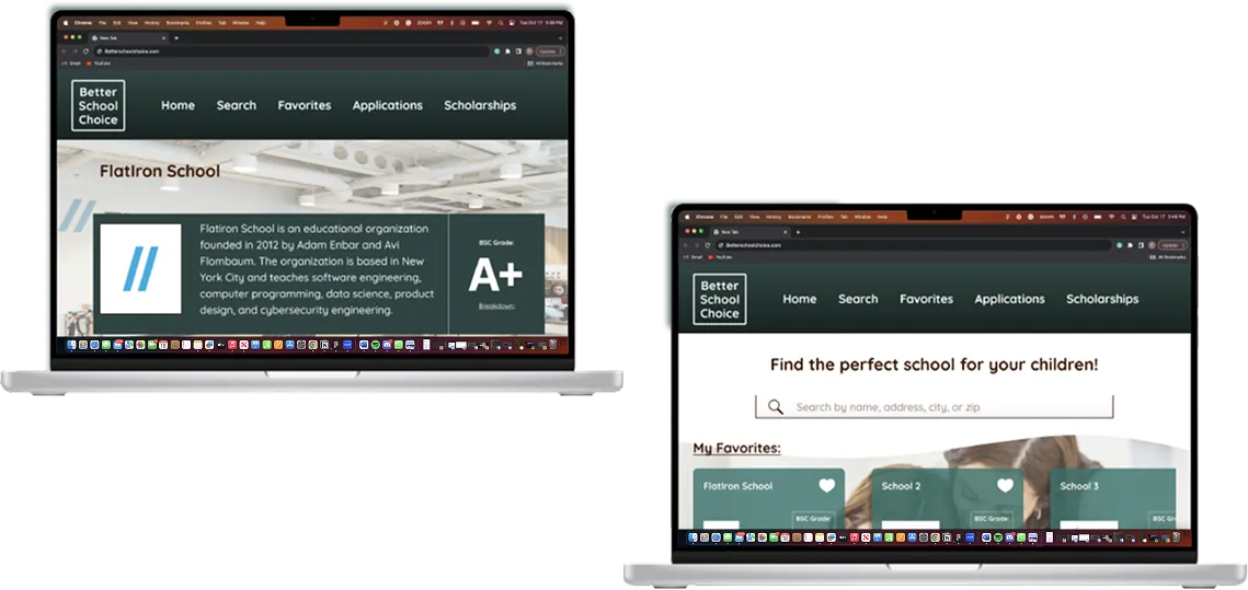 Better School Choice mockups of the Flatiron School page and the homepage
