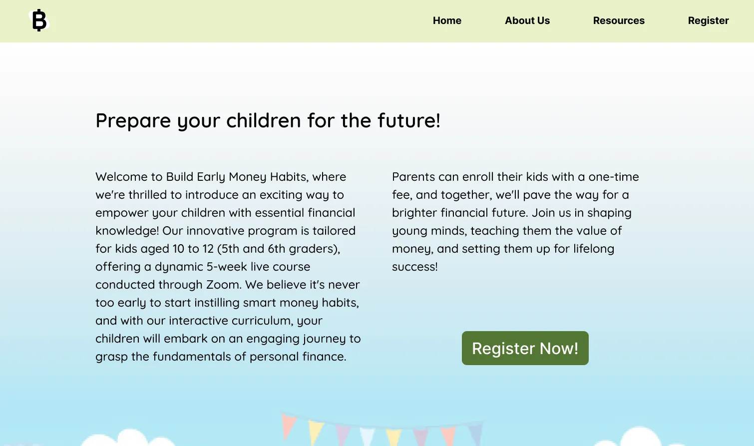 Build Early Money Habits landing page inviting parents to register