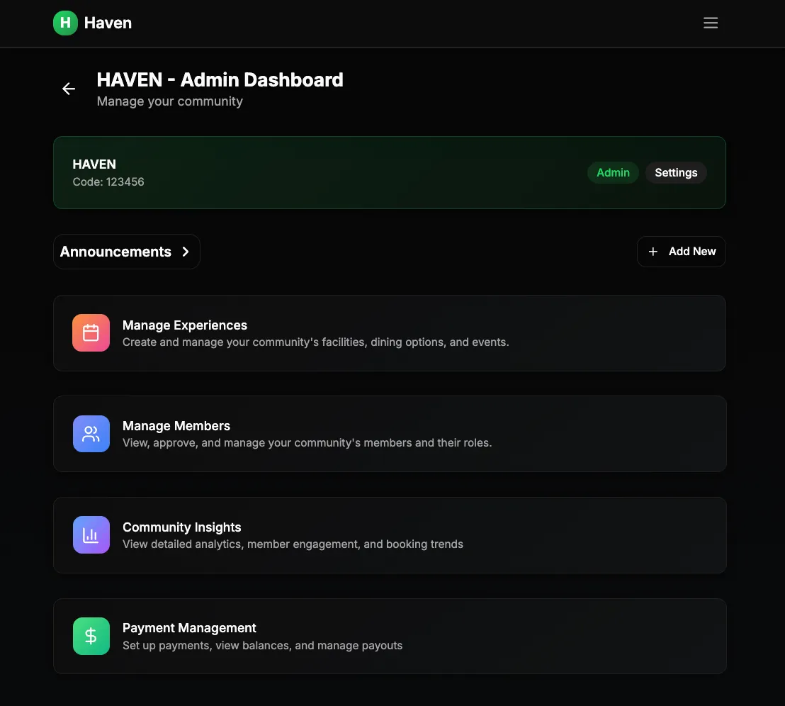 HAVEN admin dashboard with links to manage experiences, members, insights and payments