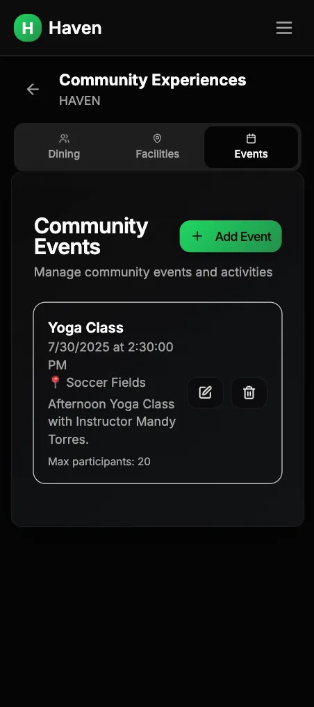 HAVEN Community Events screen