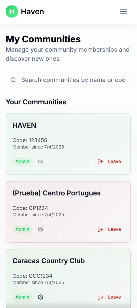 HAVEN My Communities screen listing the communities a member belongs to