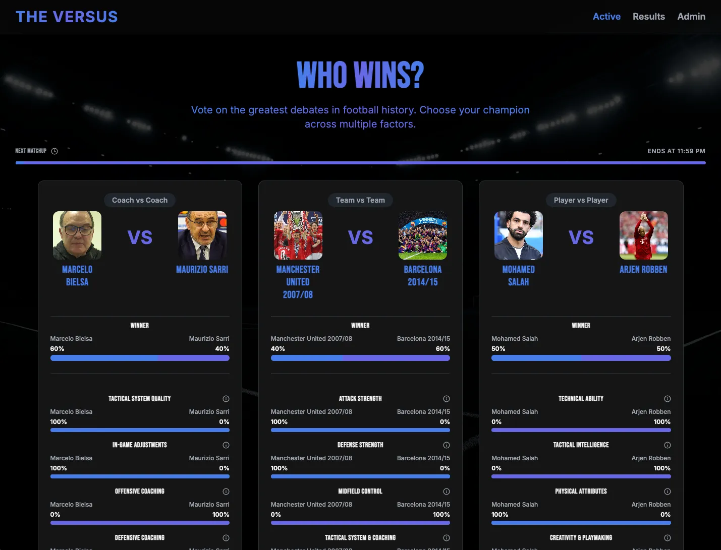 The-Versus home page with three football matchups and their vote results